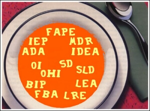 A soup bowl containing alphabet soup filled with common acronyms for special education 