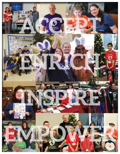 Accept Enrich Inspire Empower collage of Autism Empowerment youth and adults volunteering throughout the community.