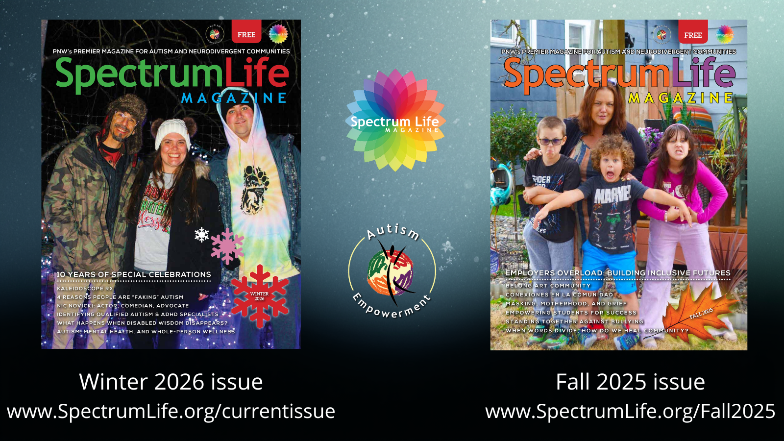 Winter 2026 and Fall 2025 covers of Spectrum Life Magazine from Autism Empowerment