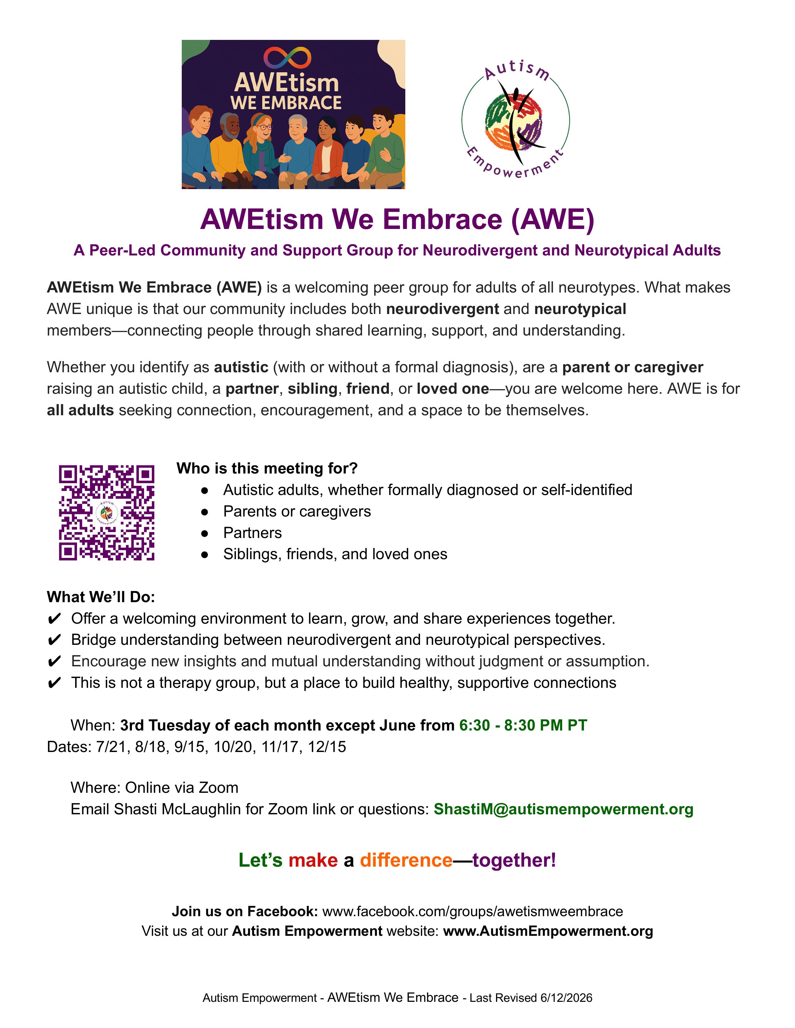 AWEtism We Embrace Support Group Flyer 2026